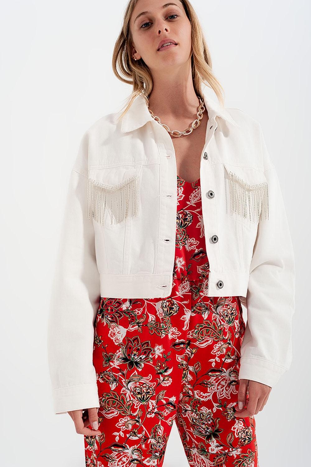 Denim Jacket With Diamante Fringing in White - Hèrosse