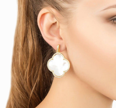 Open Clover Large Mother of Pearl Gemstone Earrings Gold - Herosse