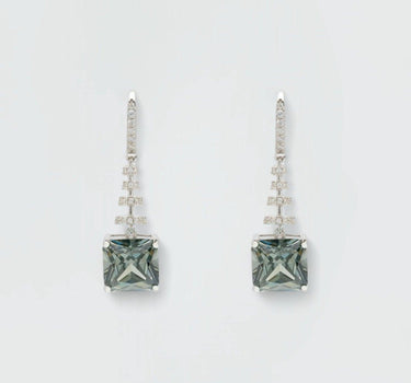 Spiral Square Crystal Drop Earrings Peridot Green Silver - Herosse